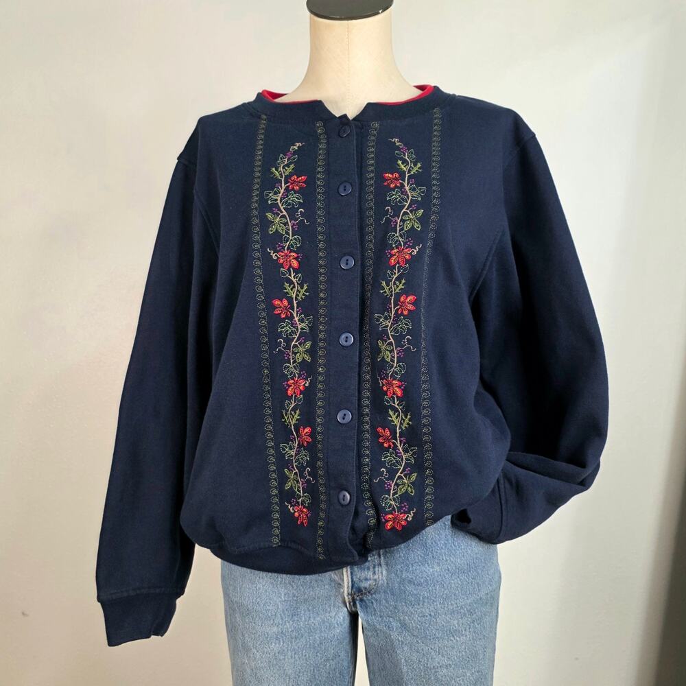 Vintage Grandmacore Button Cardigan Crewneck Sweatshirt XL Embroidered Floral